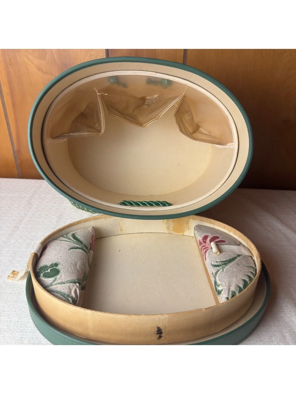 Vintage Floral Sewing Box Organizer Green Trim Fabric Covered 11 Inch